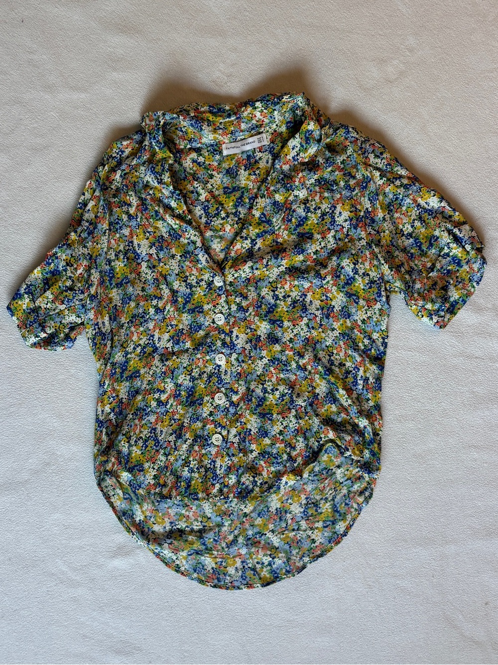 Faithfull the Brand Floral Button-Up Shirt in Blue, Yellow, Green